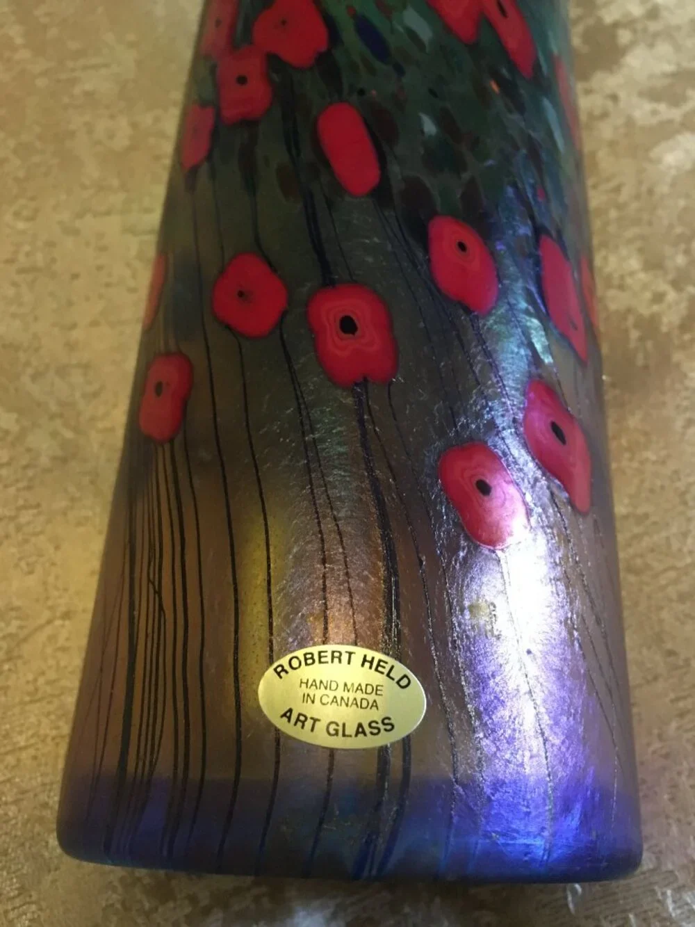 VTG 1990s Robert Held California Poppy Art Glass Cylinder Vase - Made in Canada - Picture 14 of 16